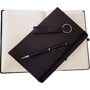 Deri Kaplı Defter Kalem + Anahtarlık Set Siyah