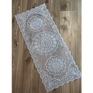 Petek Desen Anglez Kordone Nakışlı Tül Runner Gümüş Simli