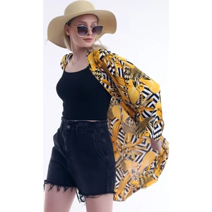 Kadın Sarı Yaprak Desenli Uzun Kimono