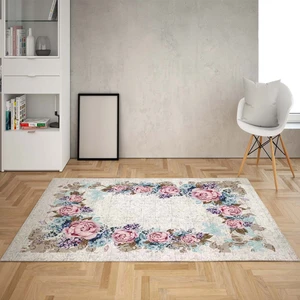 Bona Fortuna Gül Desenli Dijital Baskı Yıkanabilir Kaymaz Taban Vintage Salon Halısı ve Yolluk