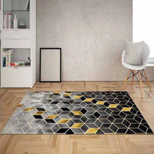 Bona Fortuna Bal Peteği Desenli Renk Geçişli Dijital Baskı Yıkanabilir Modern Salon Halı ve Yolluk (Gold Gri)