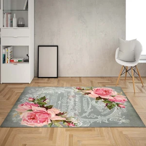 Bona Fortuna Gül Desenli Dijital Baskı Yıkanabilir Kaymaz Taban Vintage Salon Halısı ve Yolluk