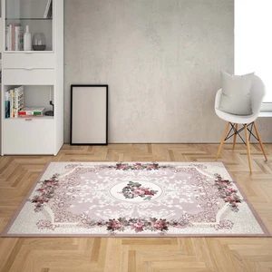 Bona Fortuna Osmanlı Çiçek Desen Çerçeveli Dijital Baskı Yıkanabilir Kaymaz Taban Klasik Salon Halısı (Vizon)