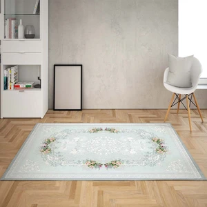 Bona Fortuna Çiçek Desenli Çerçeveli Dijital Baskı Yıkanabilir Kaymaz Taban Vintage Salon Halı ve Yolluk (Mavi)