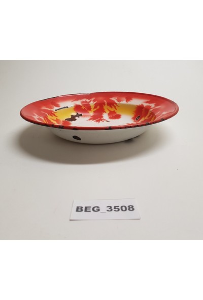Begüldan Eski Yugoslav Malı Kırmızı Sarı Desenli Çinko Yemek Tabağı BEG_35