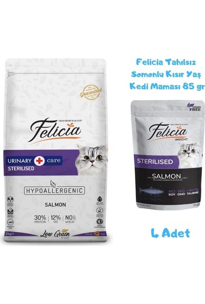 Felicia Kısırlaştırılmış Somonlu Kedi Maması 2 kg + Felicia Yaş Mama 85 gr (4 Adet)