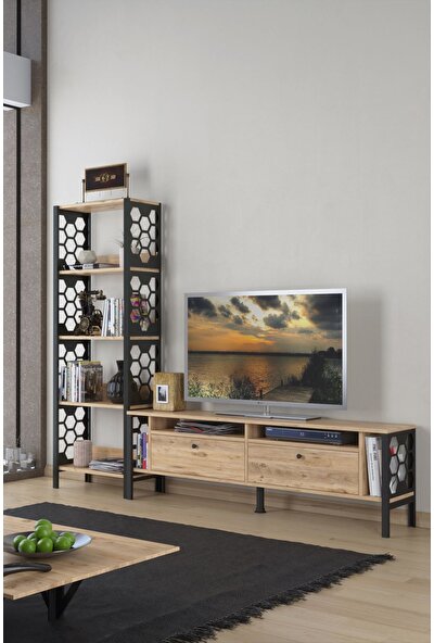 Wood'n Love Luna 160 cm Dolaplı Metal Ayaklı Tv Ünitesi ve Altıgen Desen Geniş Metal Kitaplık Yaşam Seti - Atlantik Çam / Siyah