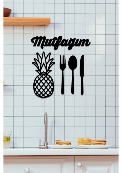 - Mutfağım Yazısı Ananas Çatal Bıçak Duvar Oda Ev Aksesuarı Ahşap Tablo