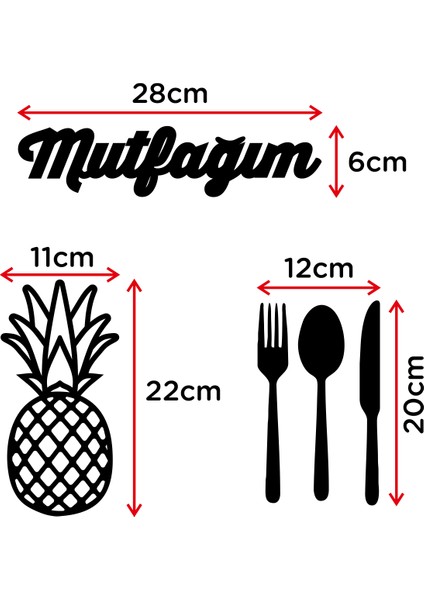 - Mutfağım Yazısı Ananas Çatal Bıçak Duvar Oda Ev Aksesuarı Ahşap Tablo