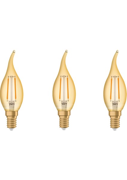 - Vintage 1906 LED Classic 2.5W-22W Sarı Işık E14 Duy Mum Kıvrık Rustik Filamentli Ampul 3 Adet