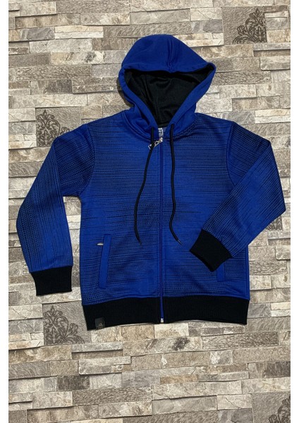Çocuk Saks Siyah Baskılı Fermuarlı Cepli Kapşonlu Günlük Dört Mevsim Sweatshirt