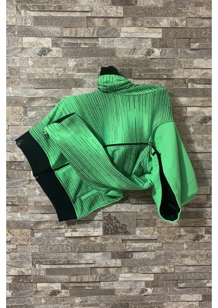 Çocuk Yeşil Siyah Baskılı Fermuarlı Cepli Kapşonlu Günlük Dört Mevsim Sweatshirt