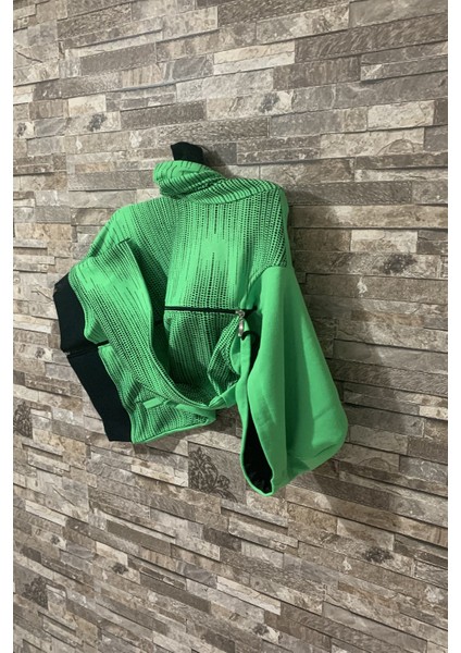 Çocuk Yeşil Siyah Baskılı Fermuarlı Cepli Kapşonlu Günlük Dört Mevsim Sweatshirt