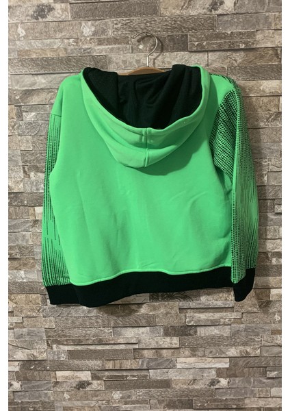 Çocuk Yeşil Siyah Baskılı Fermuarlı Cepli Kapşonlu Günlük Dört Mevsim Sweatshirt