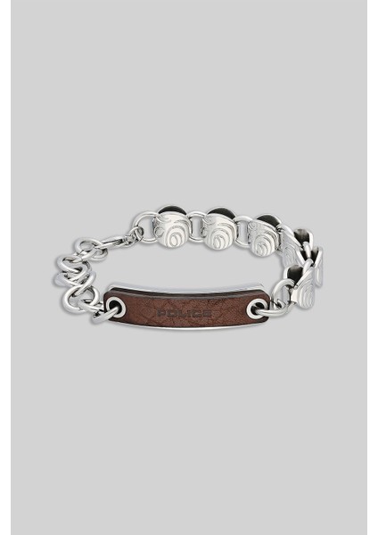 Kahverengi Deri Detaylı Rodyum Kaplama Erkek Çelik Bileklik