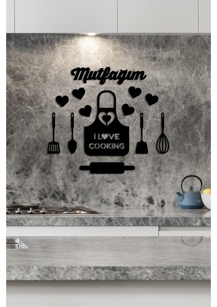 - Mutfağım I Love Cooking Önlük Lazer Kesim Duvar Oda Ev Aksesuarı Ahşap Tablo