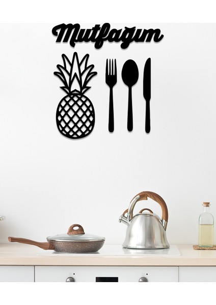 - Mutfağım Yazısı Ananas Çatal Bıçak Duvar Oda Ev Aksesuarı Ahşap Tablo