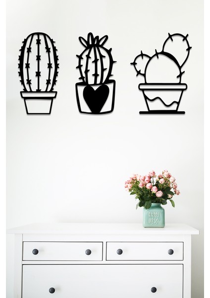 - 3’lü Kaktüs Set Duvar Dekoru Modern Duvar Oda Ev Aksesuarı Ahşap Tablo