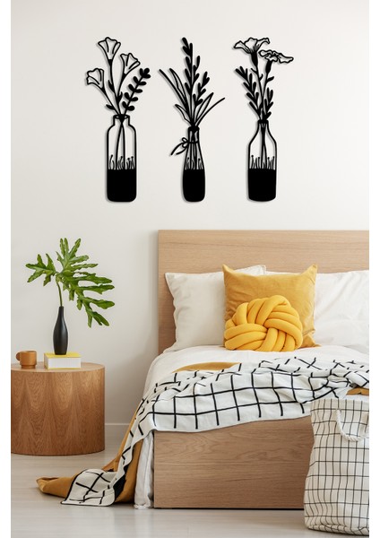 - Saksı ve Bahar Çiçekleri 3'lü Duvar Dekoru Modern Duvar Oda Ev Aksesuarı Ahşap Tablo