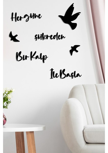 - Her Güne Sükreden Bir Kalp ile Başla Duvar Oda Ev Aksesuarı Ahşap Tablo