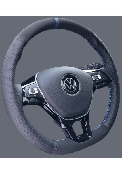 Volkswagen_jetta_araca_özel_mavi_yüzüklü_alcantara-Noktalı_deri__direksiyon_kaplama