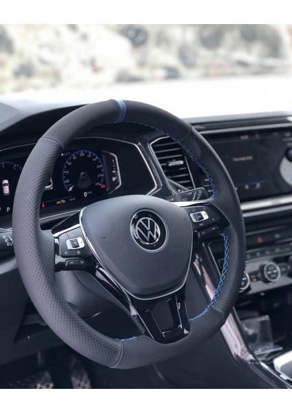 Volkswagen_jetta_araca_özel_mavi_yüzüklü_alcantara-Noktalı_deri__direksiyon_kaplama fiyatları