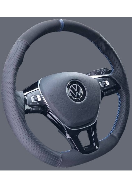 VOLKSWAGEN_GOLF7_ARACA_ÖZEL_MAVI_YÜZÜKLÜ_ALCANTARA-NOKTALI_DERI_ORIJINAL_DIREKSIYON_KAPLAMA