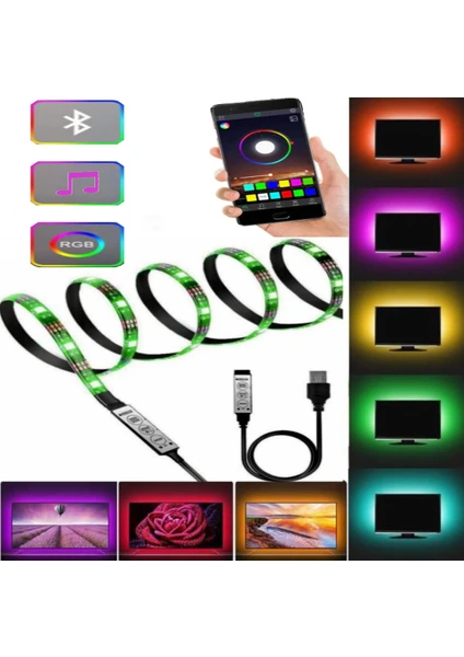 Bluetoothlu Tv Arkası Şerit LED Işık Rgb USB Girişli Tak Çalıştır 2 Metre