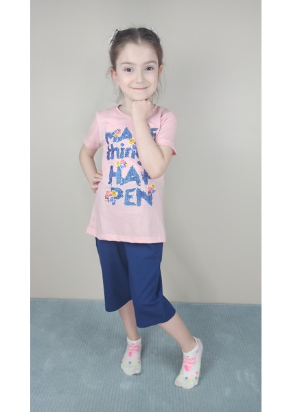 Kız Garson Pamuklu Pembe Kapri Takım