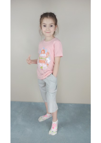 Kız Garson Pamuklu Pembe Kapri Takım