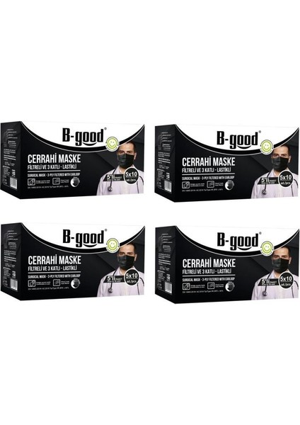 B-Good Siyah Cerrahi Maske 3 Katlı Telli 5li Paketli 200 Adet