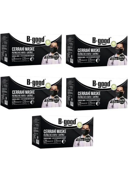 B-Good Siyah Cerrahi Maske 3 Katlı Telli 5 Li Paketli 250 Adet