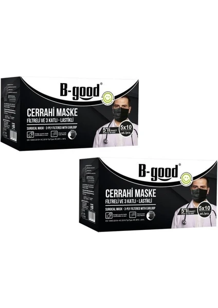 B-Good Siyah Cerrahi Maske 3 Katlı Telli 5li Paketli 100 Adet