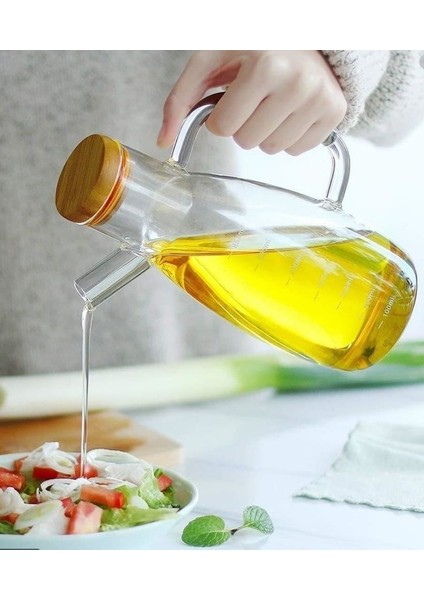 Borosilikat Camlı Bambu Kapaklı 1000 ml Yağlık Sirkelik