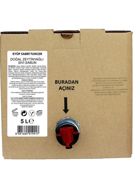 Doğal Zeytinyağlı Sıvı Sabun 5 lt Bag In Box Cilt Dostu Temizlik