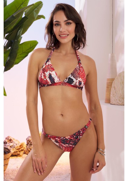 Aksesuarlı Uzun Üçgen Bikini Takım 211262 Desenli