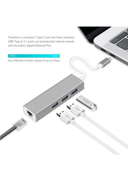 FC05-G Macbook Uyumlu Type-C™ USB3.1 to 3* USB 3.0 1000 Mbps Gigabit Ethernet RJ45 Çevirici Hub Adaptör