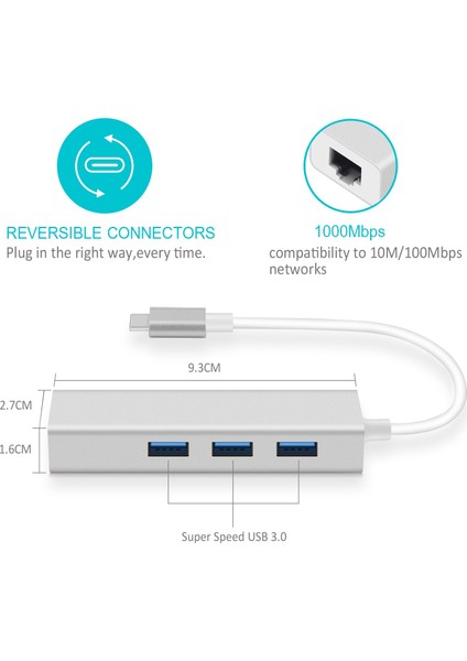 FC05-G Macbook Uyumlu Type-C™ USB3.1 to 3* USB 3.0 1000 Mbps Gigabit Ethernet RJ45 Çevirici Hub Adaptör