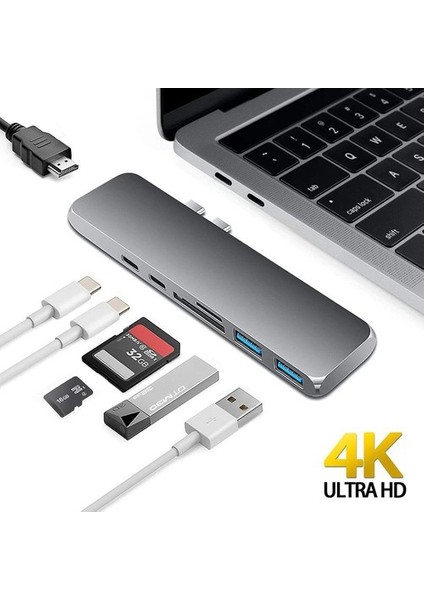 CF03 Macbook Uyumlu Type-C to 4K 1080p HDMI 2* USB 3.0 SD TF PD USB-C Okuyucu 7IN2 Çevirici Hub Adaptör