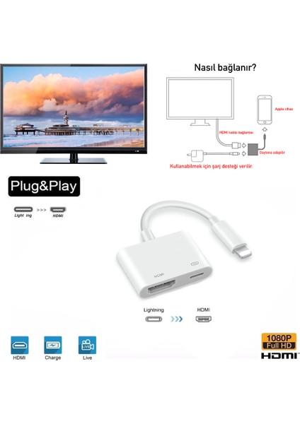 L8-HL Apple iPhone iPad Lightning to 4K 1080p HD HDMI Lightning PD Çevirici Hub Adaptör