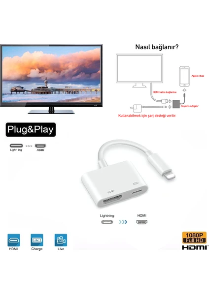 L8-HL Apple iPhone iPad Lightning to 4K 1080p HD HDMI Lightning PD Çevirici Hub Adaptör