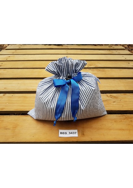 Pamuklu Kumaş Mavi Çizgili 2,5 kg Erzak-Bakliyat Torbası BEG_34