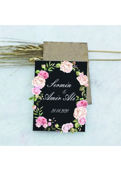 30 Adet Ahşap Magnet Nikah Magnet Siyah Pembe Çiçekli Uv Baskı Nişan Liği Ekonomik 7x5 cm