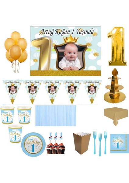 1 Yaş Altın Doğum Günü Süsleri, Parti Seti, Malzemeler, Fotoğraflı Küçük Yıldızlar 8 Kişilik Mavi Full Set