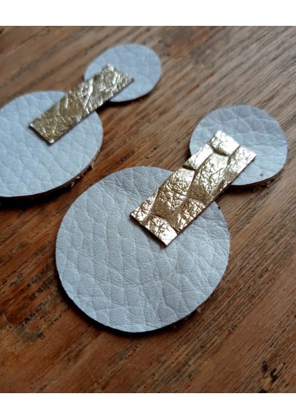 Gerçek Deri El Yapımı Gold & Beyaz Tasarım Küpe