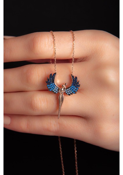 Karışık Zirkon Taşlı Melek Kanatlı Rose Altın Kaplama Kolye