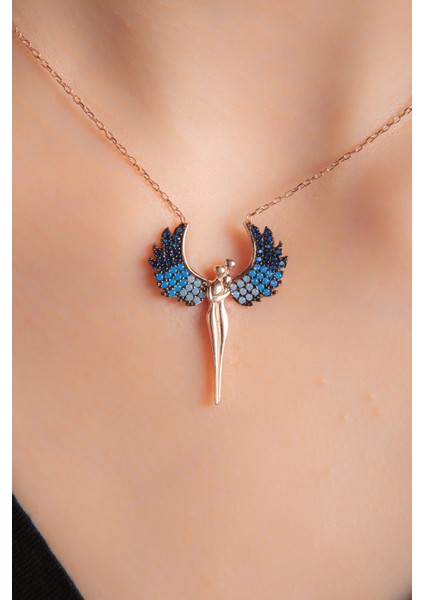 Karışık Zirkon Taşlı Melek Kanatlı Rose Altın Kaplama Kolye fiyatları