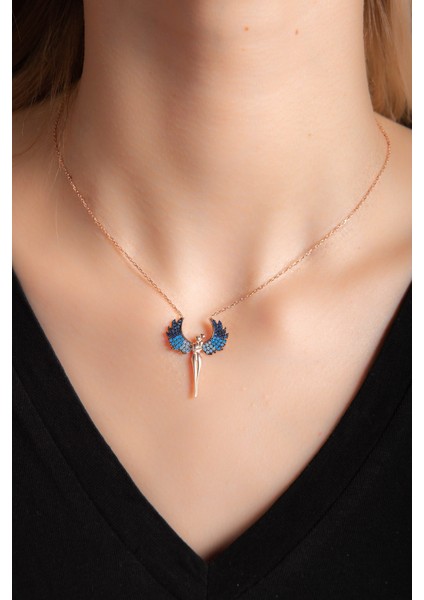 Karışık Zirkon Taşlı Melek Kanatlı Rose Altın Kaplama Kolye modelleri