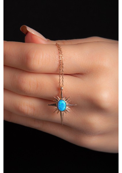 Opal Taşlı Kutup Yıldızlı Rose Altın Kaplama Kadın Gümüş Kolye 925 Ayar