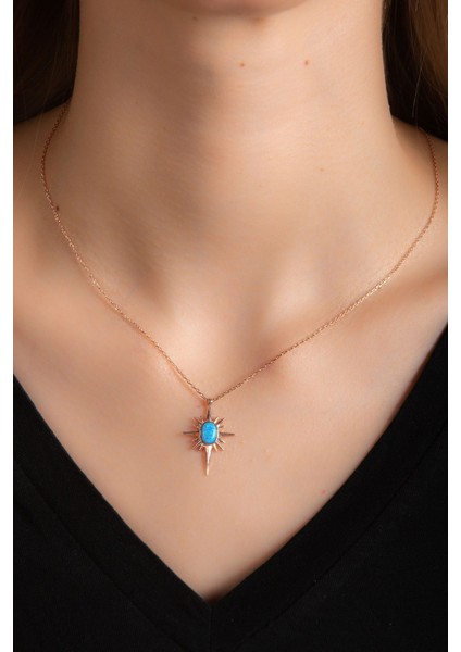 Opal Taşlı Kutup Yıldızlı Rose Altın Kaplama Kadın Gümüş Kolye 925 Ayar fiyatları